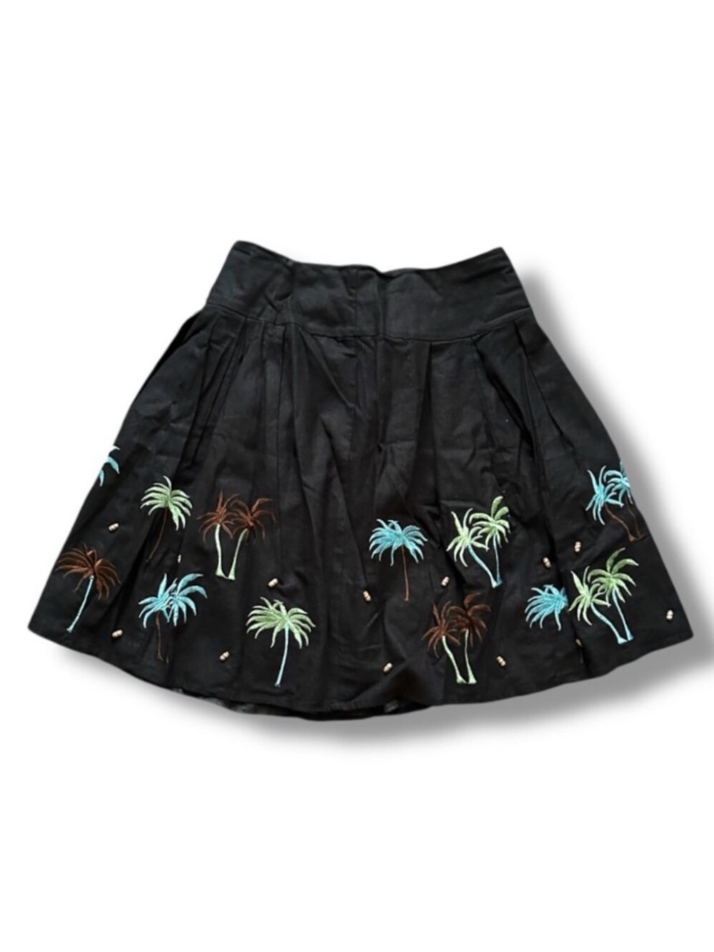 Vintage Carole Little Black Embroidered Palm Tree Skirt Women's Size 8 Linen